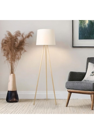 Evidea Lighting Ahşap Ayak Tripod Lambader - Natürel / Beyaz Natürel / Beyaz