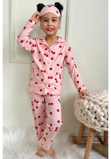 Yeni Sezon Kız Çocuk Düğmeli Pijama Takımı Oyuncak Bebek Baskılı Göz Bandı Dahil Renklı