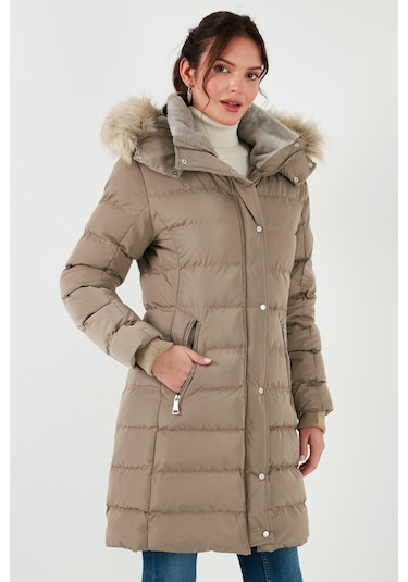 Lela Regular Fit Çıkarılabilir Kapüşonlu Fermuarlı Cepli Şişme Bayan Mont 497Emily Koyu Bej