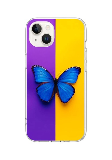 iPhone 13/14 Uyumlu Mor Sarı Kelebek Baskılı Silikon Kılıf Renkli