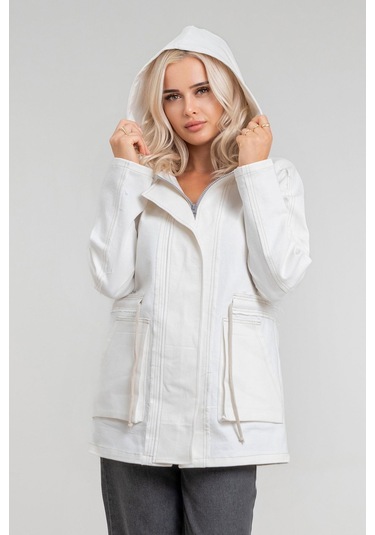 Kadın Power Likralı Pamuklu Kumaş Kapişonlu Fermuarlı Kordonlu Pis Dikişli Mont Ekru