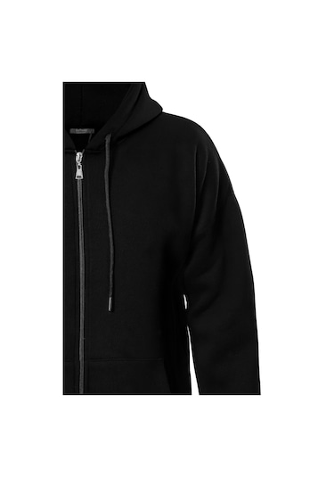 Unisex Fermuarlı Kapüşonlu Oversize Sweatshirt - Siyah Siyah
