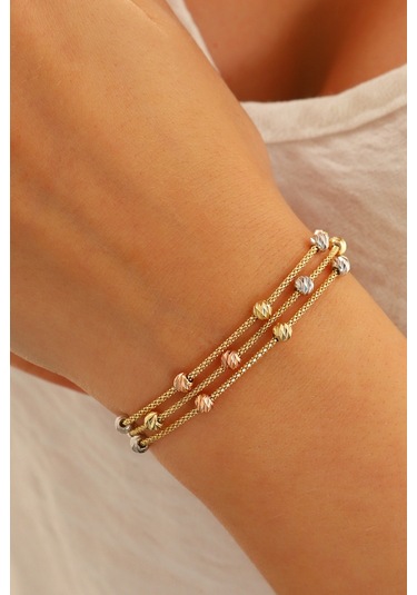 Moom Mücevherat 14 Ayar Altın Dorika Toplu Altın Bileklik Popcorn Renkli Toplar Üç Sıra Çok Renkli