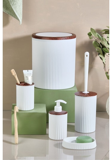 Decorev 6'lı Banyo Seti Metal Standlı Beyaz Ahşap Desenli Tuvalet Wc Kağıtlık Seti Ahşap