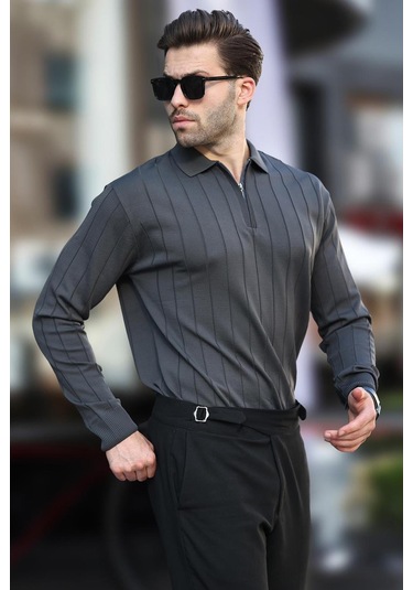 Madmext Antrasit Polo Yaka Fermuarlı Örme Kazak 7242-antrasit Antrasit