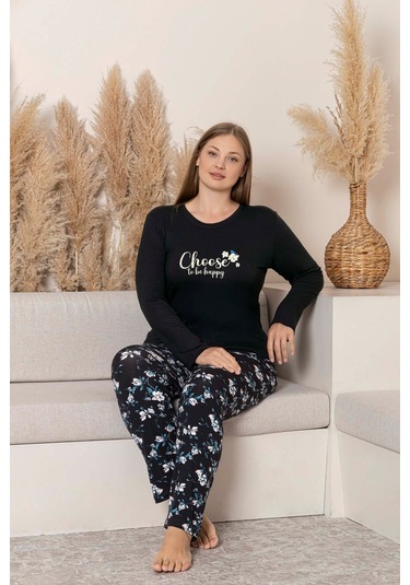 Kadın Bisiklet Yaka Düğmesiz Dökümlü Viskon Mevsimlik Uzun Kol Cepli Pijama Takımı Siyah Desenli
