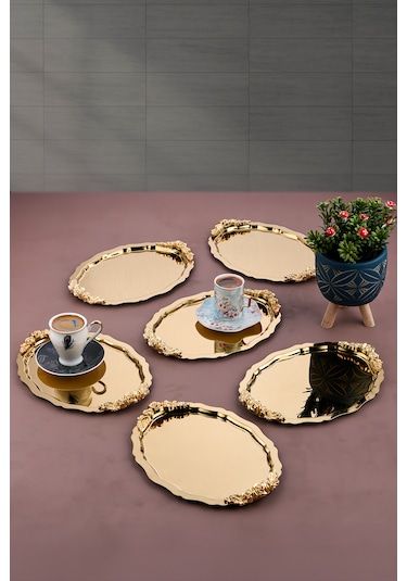 6 Adet Oval-bulut Model Kulplu Kahve-çay Sunum Tepsisi 25x20 Cm