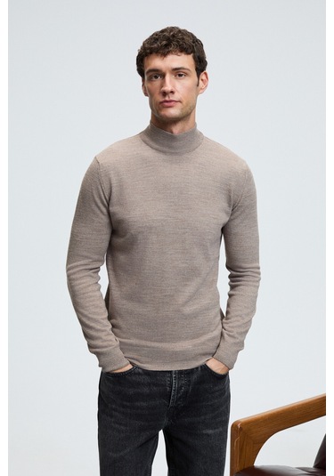 REBEL Erkek Yarım Balıkçı Yaka Basic Slim Fit Triko Vizon Kazak