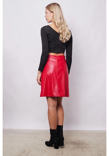 Kadın Hafif Likralı Deri Yüksek Bel Diz Boy Çan Etek-kırmızı Kırmızı