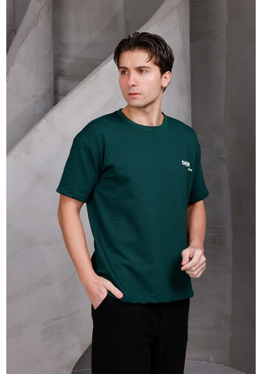 Erkek Baskılı Oversize Bisiklet Yaka 2 İki İplik Kompakt T-shirt Nefti