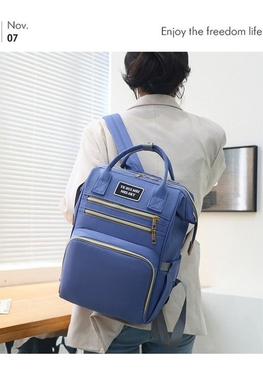 Novahub Dino Desenli Çok Cepli Bebek Sırt Çantası - Mavi Altın Altın