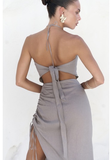 Mai Collection Abrossa Boyundan Bağcıklı Asimetrik Füme Keten Elbise Füme