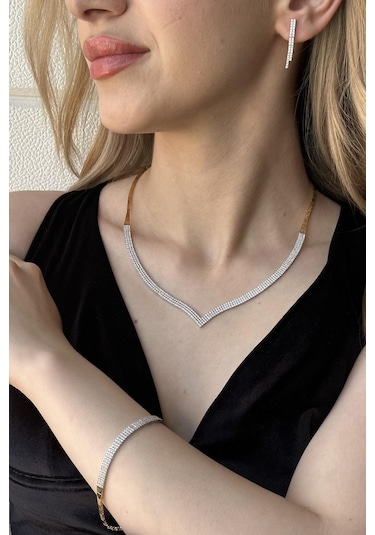 Zümrüt Sarraf 14 Ayar Altın Su Yolu 3 Sıra Zirkon Taşlı Kolye Bileklik Küpe Üçlü Set