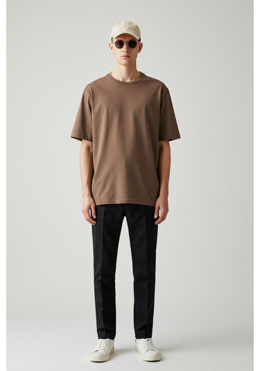 Erkek Oversize Basic Tişört Unisex %100 Pamuk Rahat Kalıp Erkek Tam Oversize Tişört Kahverengi