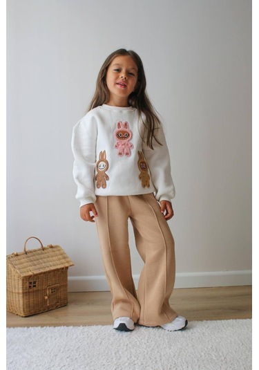 Kız Çocuk 3 İplik Şardonlu Peluş Baskı Detaylı Sweatshirt - Eşofman Alt Üst Takım 3riple Ekru