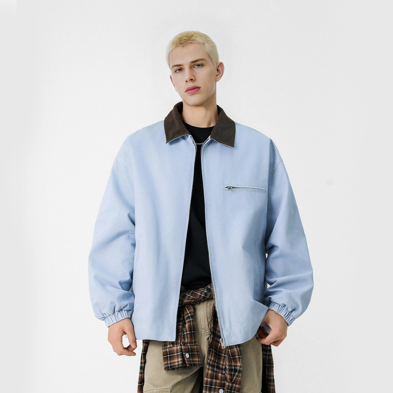 Snapbuy Yıkanmış Denim Ceket, Amerikan Retro Stili, Kontrast Yakalı, Bol Kesim Buz Mavi