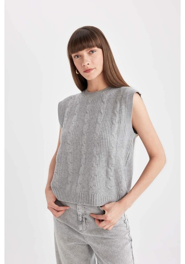 Defacto Regular Fit Bisiklet Yaka Basic Düz Saç Örgü Desenli Triko Süveter C9041ax24wngr66 Gri