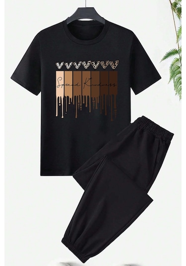 Unisex Leopar Kalp Baskılı Eşofman Takımı Siyah