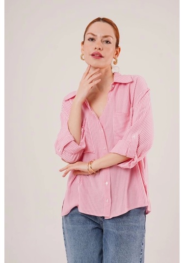 Yarasa Kol Çizgili Cep Detaylı Pembe Gömlek Pembe