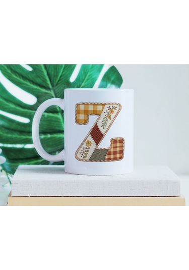 Z Harfi Sonbahar Kış Temalı Yamalı Tasarım Kupa Bardak - Etnik Ve Pathwork Severlere Özel Hediye Beyaz