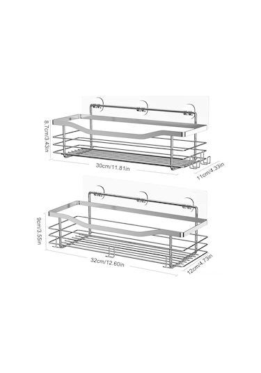 Hfambition Sus304 Paslanmaz Çelik Duş Dolabı, Delme Yok, 5 Kanca, Su Geçirmez Duş/ Mutfak Düzenleyici Rafı 2 Adet Gümüş