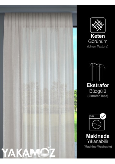 Ekru Renk Keten Görünümlü Ekstraforlu Tül Perde Linen Touch Serisi Ekru