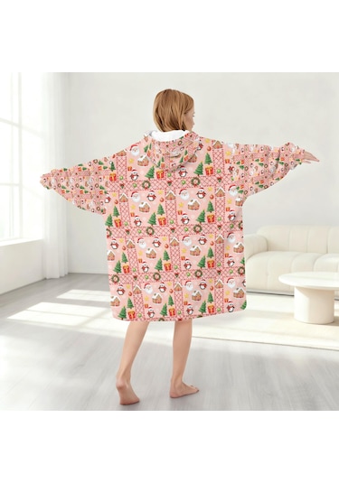 Noel Temalı 6-13 Yaş Çocuk Giyilebilir Battaniye Hoodie, Kalın Peluş, Büyük Boy-a144 Krem - Pembe
