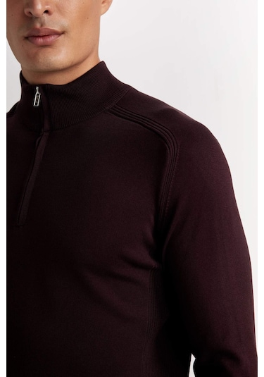 DeFacto Standart Fit Yarım Boğazlı Yarı Fermuarlı Triko Kazak D0624AX24AUBR34 Bordo