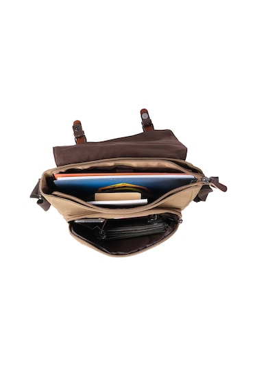Bagacar Kanvas Kumaş Laptop Bölmeli Unisex Çapraz Çanta Bej