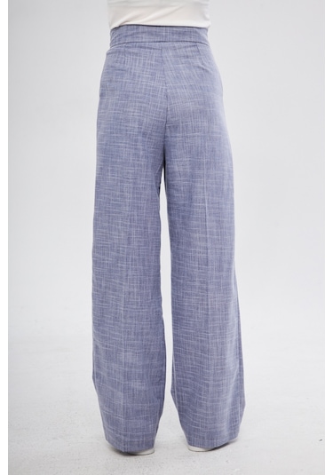 Mavi Yüksek Bel Pileli Cep Detaylı Cırtlı Kadın Kumaş Palazzo Pantolon Gri