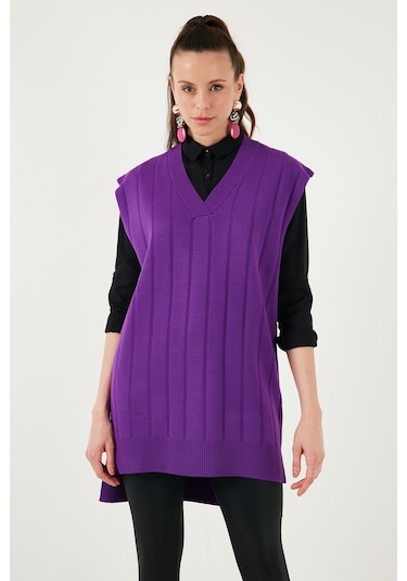 Lela V Yaka Arkası Uzun Triko Bayan Süveter 4616088Y Mor
