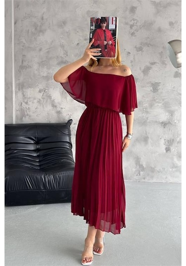 Kadın Astarlı Piliseli Şifon Elbise Dpk2099 Bordo