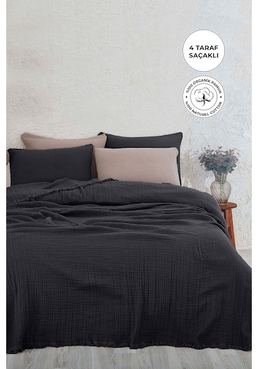 %100 Pamuk Çift Kişilik Müslin Yatak Örtüsü 4 Katlı Yumuşak Battaniye Müslin Pike Takımı 3 Parça Siyah Siyah