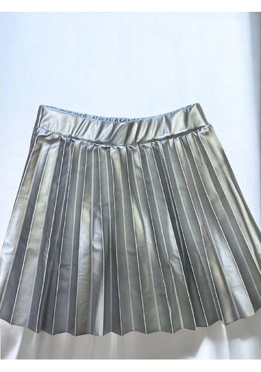 Kız Bebek Pileli Deri Etek-14903 Gümüş