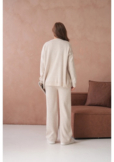 Kadın Bisiklet Yaka Yırtmaçlı Kazak Pantolon İkili Triko Takım Taş