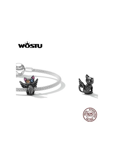 Novahub Siyah 925 Ayar Gümüş Melek Kedi Charms Kolye Kadınlar İçin Orijinal Takı Siyah