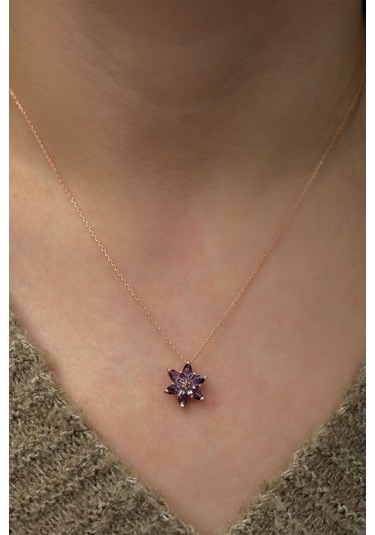 Ervanur Kadın Rose Altın Kaplama Mor Taşlı Lotus Çiçeği Kolye Mor