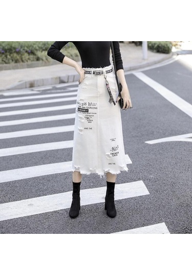 Kadın Ön Delik Kot Etek Yaz Uzun Etekler Yüksek Bel Kot Etek Artı Boyutu Beyaz