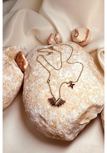 V Model Zirkon Taşlı Yoncalı Altın Gold Renk Paslanmaz Çelik Kolye Altın