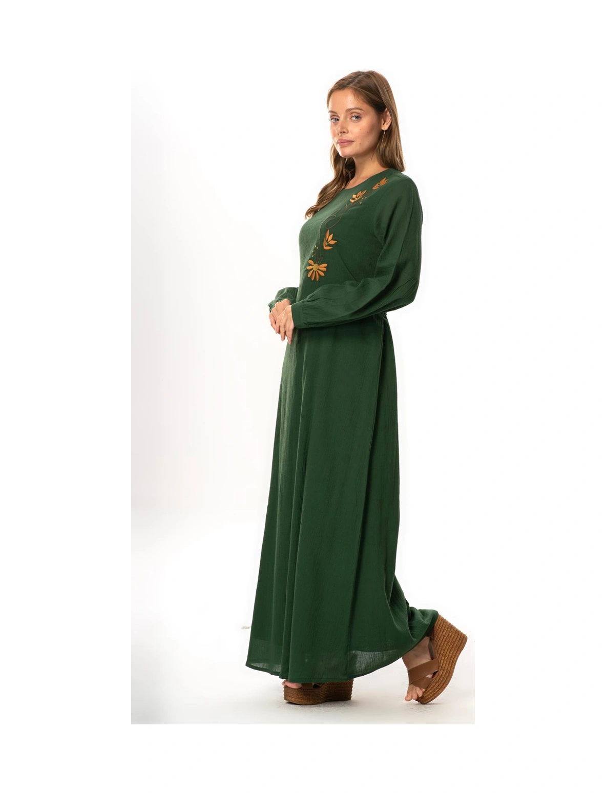 Uzun Kol Şile Bezi Gülşah Bisiklet Yaka Nakışlı Uzun Yazlık Elbise Yeşil Ysl Yeşil