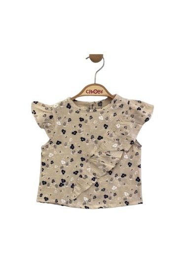 Kız Bebek Bluzu Fırfırlı Çiçek Desenli Şort Takım-13867 Bej