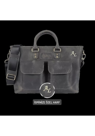 İsme Özel Askılı Cepli Evrak - Laptop Çantası - %100 Crazy Deri - Ac09003 - Antrasit-132280 Siyah