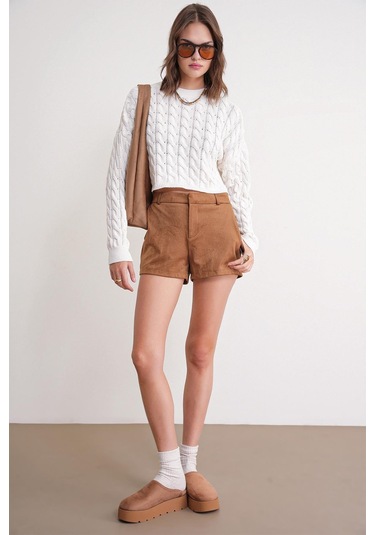 6863 Kadın Saç Örgülü Crop Triko Kazak Kemik Kemik