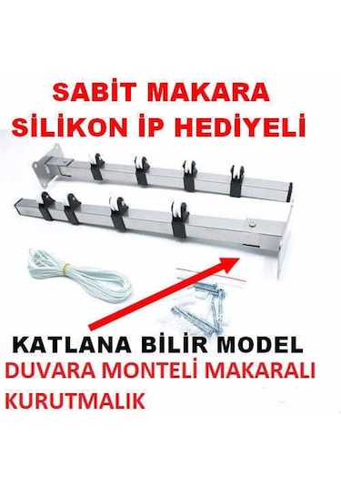 Duvara Monteli Paslanmaz Makaralı Çamaşır Askısı Balkon Katlanır Gümüş
