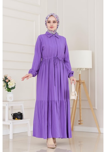 Gömlek Yaka Beli Tünelli Sare Elbise-mor-5069 Mor