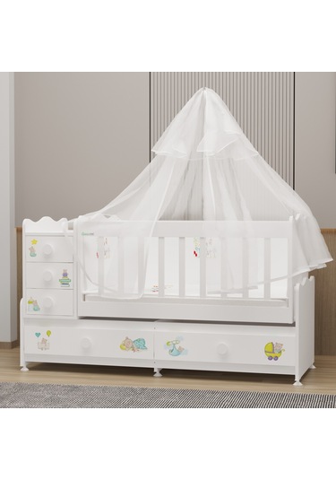 Garaj Home Melina Mdf Çıtalı Beşik + Yatak + Uyku Seti - Ayıcık Beyaz