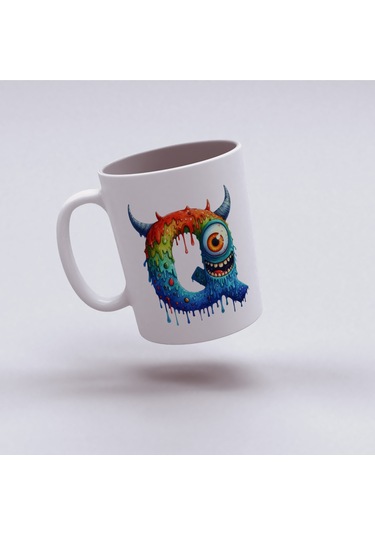 Q Harfi Bardak, Sevimli Canavarlar Harflı Bardak Hediyesi Porselen Beyaz