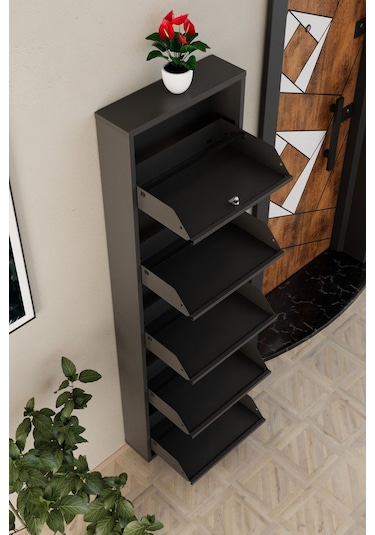 Kilitli 5 Kapaklı Metal Ayakkabılık Antrasit Antrasit