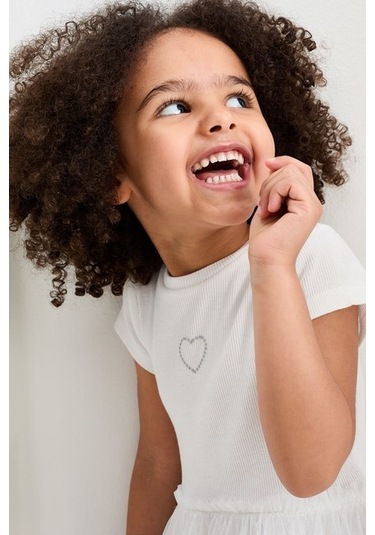 Önü Taşlı Tüllü Kız Çocuk Elbise Beyaz