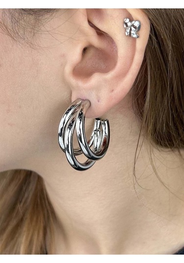 Çoklu Görünüm 3lü Paslanmaz Çelik Küpe 586, Gümüş Renk Gümüş